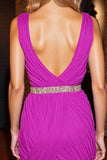 Sparkly Fuchsia Beaded Ruched Short Cocktail Dress