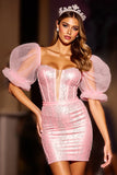 Sparkly Pink Corset Puff Sleeves Bodycon Short Homecoming Dress