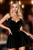 Black Velvet Corset Short Cocktail Dress with Feathers