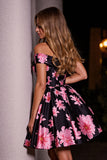 Black Print Floral A Line Off The Shoulder Short Cocktail Dress