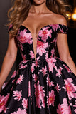 Black Print Floral A Line Off The Shoulder Short Cocktail Dress