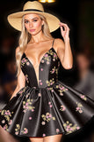 Black Floral Satin A Line Homecoming Dress