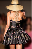 Black Floral Satin A Line Homecoming Dress
