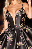 Black Floral Satin A Line Homecoming Dress