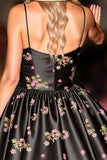 Black Floral Satin A Line Homecoming Dress