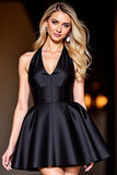 Corset Halter Black Satin A Line Short Cocktail Dress
