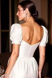 White Satin Corset A Line Short Graduation Dress with Sleeves