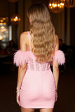 Pink Cold Shoulder Bodycon Homecoming Dress With Feathers