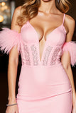 Pink Cold Shoulder Bodycon Homecoming Dress With Feathers