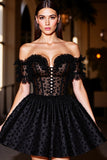 Black Off The Shoulder Beaded A Line Homecoming Dress With Appliques