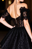 Black Off The Shoulder Beaded A Line Homecoming Dress With Appliques