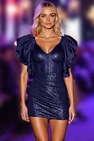 Sparkly Navy Bodycon Homecoming Dress with Ruffled Sleeves