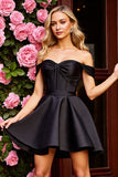 Black Corset Satin Ruched A Line Short Cocktail Dress
