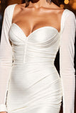 White Ruched Bodycon Long Sleeves Short Cocktail Dress