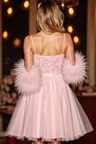 Sparkly Blush Corset Homecoming Dress With Feathers