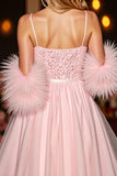 Sparkly Blush Corset Homecoming Dress With Feathers