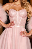 Sparkly Blush Corset Homecoming Dress With Feathers