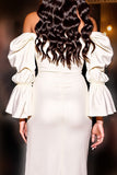Off The Shoulder White Sheath Midi Homecoming Dress With Slit