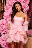 Pink Strapless A Line Ruffled Mini Homecoming Dress