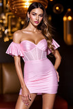 Sparkly Pink Satin Corset Beaded Mini Cocktail Dress