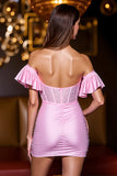 Sparkly Pink Satin Corset Beaded Mini Cocktail Dress