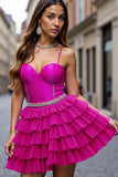Sparkly Fuchsia Beaded Tiered Ruffled Corset Short Cocktail Dress