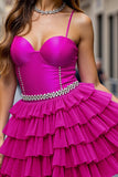 Sparkly Fuchsia Beaded Tiered Ruffled Corset Short Cocktail Dress