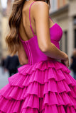 Sparkly Fuchsia Beaded Tiered Ruffled Corset Short Cocktail Dress