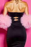 Black Strapless Bodycon Mini Homecoming Dress With Feathers