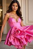 A Line Fuchsia V Neck Mini Homecoming Dress With 3D Flower