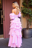 Sparkly Pink Ruffled High-Low Formal Dress with Sequins