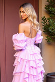 Sparkly Pink Ruffled High-Low Formal Dress with Sequins