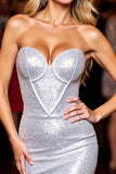 Sparkly Corset Sequins Silver Mini Cocktail Dress with Slit