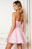 A Line Pink Strapless Mini Homecoming Dress With 3D Flowers