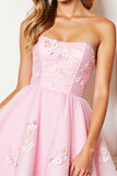 A Line Pink Strapless Mini Homecoming Dress With 3D Flowers