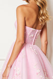 A Line Pink Strapless Mini Homecoming Dress With 3D Flowers