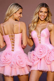 Pink A Line Ruched Homecoming Dress with 3D Flowers