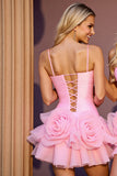 Pink A Line Ruched Homecoming Dress with 3D Flowers