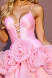 Pink A Line Ruched Homecoming Dress with 3D Flowers