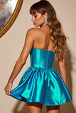 Blue Metallic Strapless Homecoming Dress
