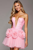 Pink V Neck A Line Floral Short Cocktail Dress