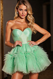 Green Strapless A Line Homecoming Dress with Feathers