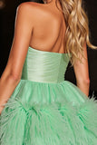 Green Strapless A Line Homecoming Dress with Feathers