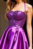 Sparkly A Line Dark Purple Homecoming Dress with Sequins