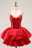 Sparkly Red Tiered Homecoming Dress with Ruffles