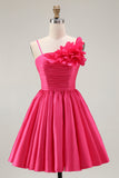 Fuchsia Ruched Satin Homecoming Dress with 3D Flowers