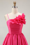Fuchsia Ruched Satin Homecoming Dress with 3D Flowers
