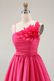 Fuchsia Ruched Satin Homecoming Dress with 3D Flowers