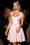 Pink Satin Floral A Line Short Homecoming Dress