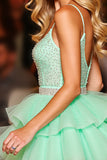 Sparkly Green Tiered Short Cocktail Dress with Ruffles